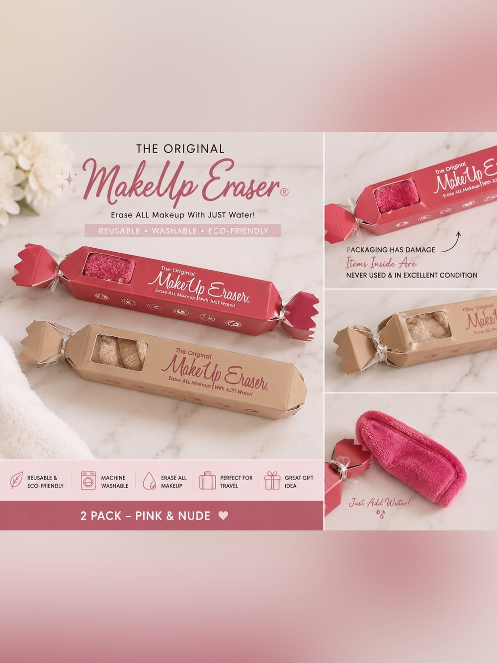 The Original MakeUp Eraser 2-Pack Mini Makeup Remover Cloths Pink & Nude – New